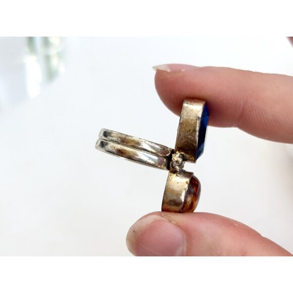 Blue Topaz & Natural Baltic Amber Modernist Sterling Silver Vintage Ring sz 5.75 - Picture 4 of 10